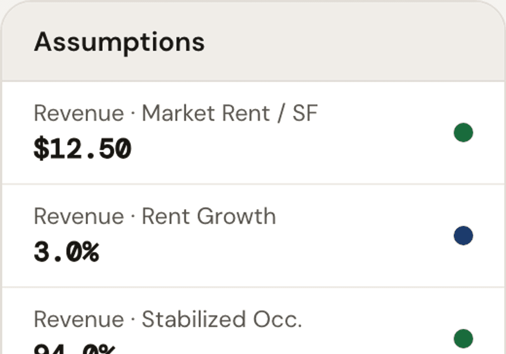 Assumption sidebar with provenance pills