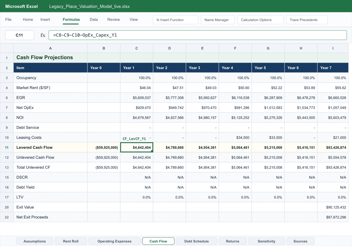 Exported Excel workbook with a live formula in the formula bar